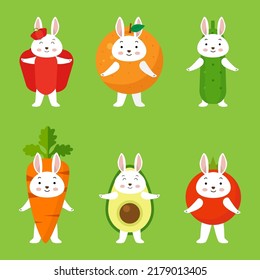 Cute hares in costumes. Fruits vegetables . Holidays fun. Set.