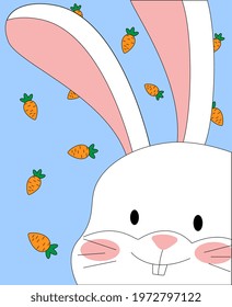 Cute hare's face close-up on blue background with carrots.