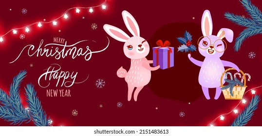 Cute hares with a gift and a basket. Lettering - Merry Christmas and Happy New Year.