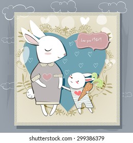 cute hares. greeting card for mothers day.