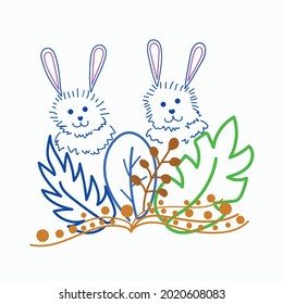Cute hares in the natural environment. Vector outline illustration on a white background.