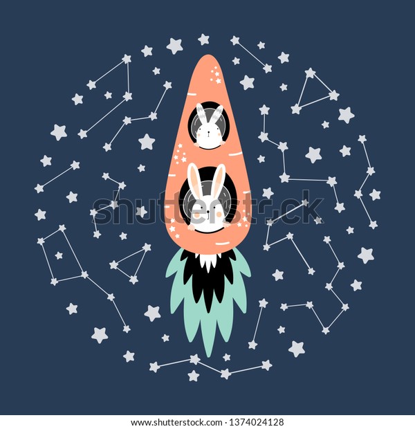 星や星座の間の空間に人参ロケットにかわいい女の子が乗っている 子供用のアパレルや保育園の装飾に最適 ベクターイラスト のベクター画像素材 ロイヤリティ フリー