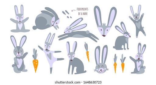 Cute hares, rabbits and carrots in a collection of cute animals. Easter illustrations for the holiday, everlasting awakening of nature, wild animals of the forest. Printing on children's textiles, chi