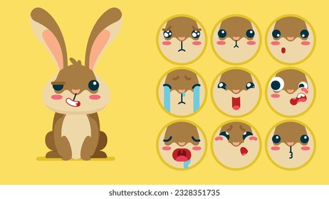 Arcos amables, un conjunto de emociones animales, un pequeño conejo con la coloración de los emojis, durmiendo, llorando, triste, aburrido, feliz, emocionado, adorable, sorprendido, descuidado, confiado, aterrado, aturdido, avatar del Vector Flat