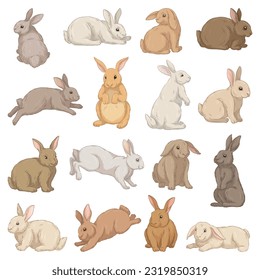 Cute hares set. Colorful rabbits with ears lie, jump, sit and run. Funny farm or forest animals. Fluffy grey, white and brown bunnies. Cartoon flat vector collection isolated on white background