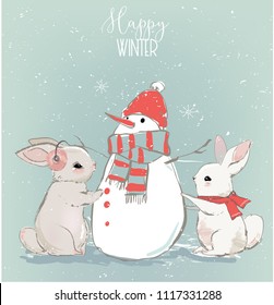 Cute Hares With Snowman