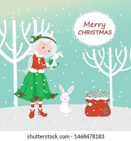 Cute hares in the woods. Merry Christmas. Postcard. Elf and sweets as a gift.