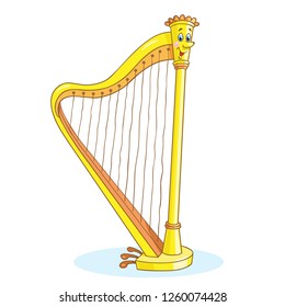 Cute harp - stringed music instrument in cartoon style, isolated on white background.  Vector illustration.