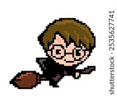 cute Harry Potter is riding a broomstick in pixel art vector