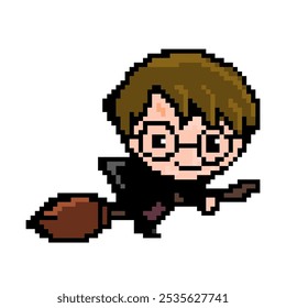 cute Harry Potter is riding a broomstick in pixel art vector