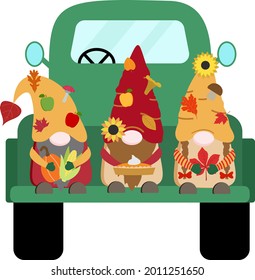 Cute harvest autumn colors vector gnomes in green vintage pickup truck with orange pumpkin, ear of corn, pie with cream, fall leaves, mushrooms. Isolated on white background.