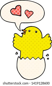 cute hatching chick cartoon with speech bubble in comic book style