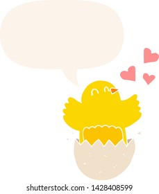 cute hatching chick cartoon with speech bubble in retro style