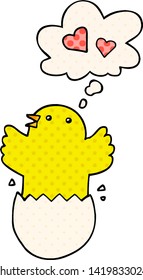 cute hatching chick cartoon with thought bubble in comic book style