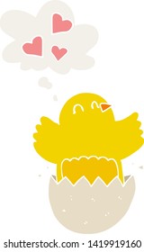 cute hatching chick cartoon with thought bubble in retro style
