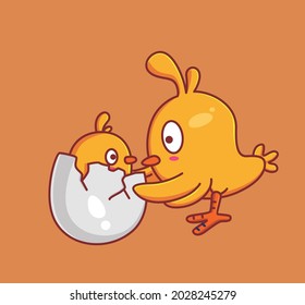 pollo de huevo para incubar lindo y su madre o su hermano.Caricatura animal Estilo plano aislado Pegatina web Icono de diseño Icono de imagen de mascota con logotipo de vector premium