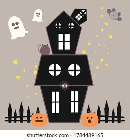 Cute haunted with cat, ghosts, spider, pumpkins and bat cartoon character for halloween