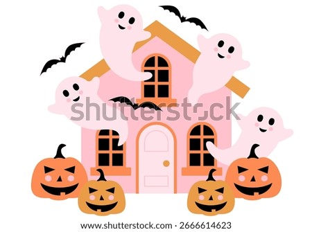 Cute Haunted House with ghost. Haunted Halloween home with Pumpkins and Bats Spooky Vector Greeting Card