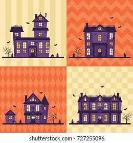 Cute haunted houses with bats, spider webs, jack O' lanterns and 4 seamless background patterns!