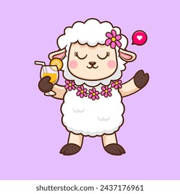 Cute Hawaii Sheep With Orange Juice Cartoon Vector Icon Illustration. Animal Drink Icon Concept Isolated Premium Vector. Flat Cartoon Style