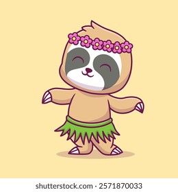 Cute Hawaii Sloth Dancing Hula Cartoon Vector Icon 
Illustration. Animal Holiday Icon Concept Isolated Premium 
Vector. Flat Cartoon Style 