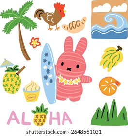 Cute Hawaii Vacation Elements – Kawaii Bunny, Surfboard, Pineapple, and More