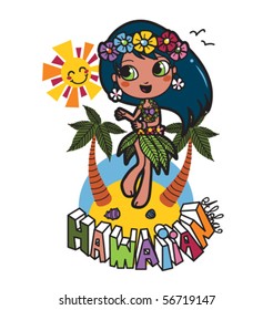 Cute Hawaiian girl happy dancing on the beach with flower garland on her hair