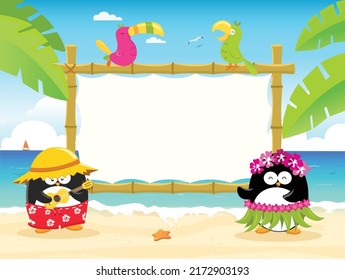 Cute Hawaiian Penguins With Billboard