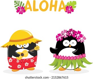 Cute Hawaiian Penguins Characters Enjoying The Ukulele Music