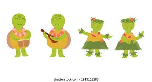 Cute hawaiian turtles. Boys play to music on ukulele and girls dancing hulu. Hawaiian character. Childrens illustration on white background. Design for card, print, book, kids story, childish decor.