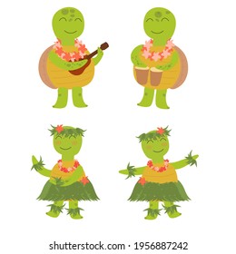Cute hawaiian turtles. Boys play to music on ukulele and girls dancing hulu. Hawaiian character. Childrens illustration on white background. Design for card, print, book, kids story, childish decor.