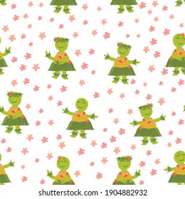 Cute hawaiian turtles seamless pattern. Girls dance with hibiscus flowers . They are perfect for baby, kids apparel, print design, textile.