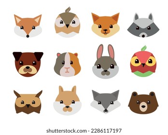 Cute head animal on white background, big set of animals. Happy face pet. Collection of cute vector illustration