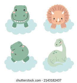 Cute head baby dinosaur, t-rex, diplodocus and tyrannosaur on white background. Girl and boy baby shower invitation elements. Set of little dino vector illustration.