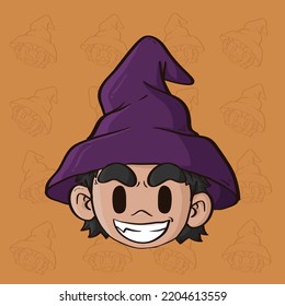 Cute head of boy wearing purple witch hat on orange background. Cute Halloween illustration. Cartoon illustration.