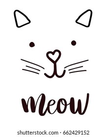 Cute head cat silhouette black icon, lettering meow word on white background