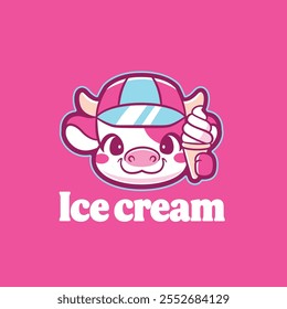 Cute head cow holding ice cream cone logo for ice cream store logo