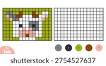 Cute head of cow from pixel blocks. Color by number educational game in coloring page format for children. Fun square grid puzzle for practicing numbers and colors