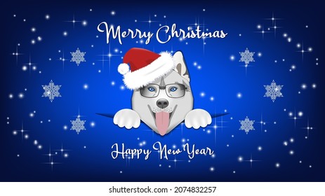 A cute head of doggie with glasses, a Santa Claus hat against the background of a bright blue starry festive sky with snowflakes. White calligraphic inscription, Merry Christmas and Happy New Year
