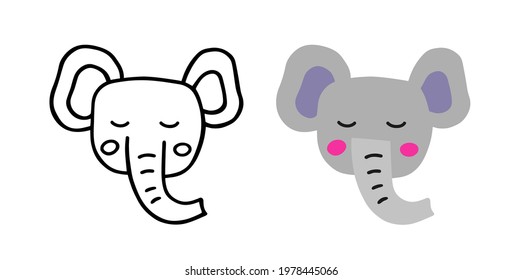 Cute head elephant. Sketch style. Flat hand drawn vector illustration.