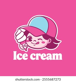 Cute head girl eating ice cream cone logo for ice cream store logo