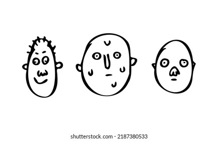 Cute head illustrations for profiles character design. Simple hand-drawn minimalist women's and men's heads	