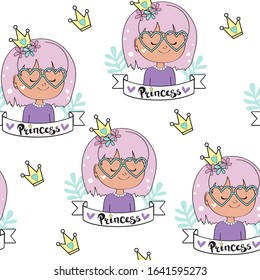 Cute head of little girl with pink hair and the inscription princess on a white background for children seamless pattern