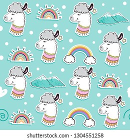 Cute head llama on a blue background seamless pattern