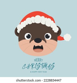 Cute head of the otter wearing santa hat. Christmas greeting card concept illustration.