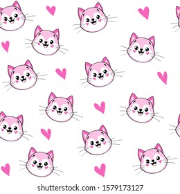 Cute head of  pink cats in kawaii style on a white background seamless pattern for children