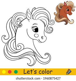 Cute head of pony in profile. Coloring book page with colorful template. Vector cartoon isolated illustration. For coloring book, education, print, game,party,baby shower, design, decor and apparel