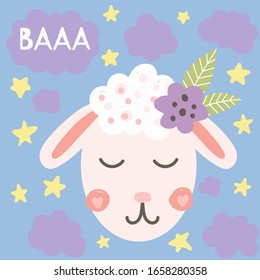 Cute head sheep with flower Vector kids illustration. Nursery print for t-shirts, posters, room decor, greeting cards.