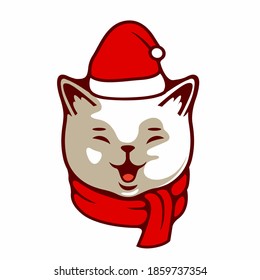 Cute Head Smiling Cat Kitten Face With Christmas Costume, Wearing Santa Claus Hat, Muffler, For Christmas Day and New Year Vector Illustration - Vector