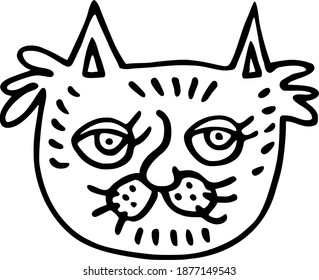 Cute head of  tired old cat with big eyes and eyelashes. Vector cartoon clipart for children.